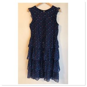 J.Crew Tiered Silk Dress Allover Lip Kiss Print Blue Multi Color Size 6